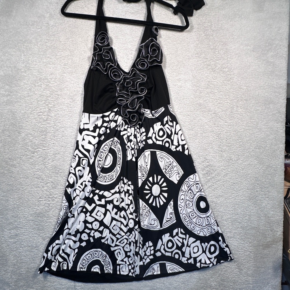 Vintage Y2K Vibe Halter Dress Women M Black White Zipper Ruffle Sleeveless
